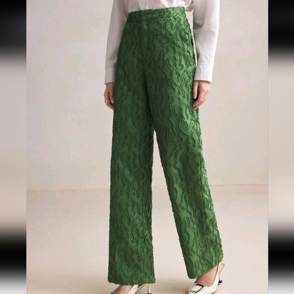 Floral Cut-Out Green Suit Pants, Women's Spring/Summer Apparel For Party - Picture 5 of 6